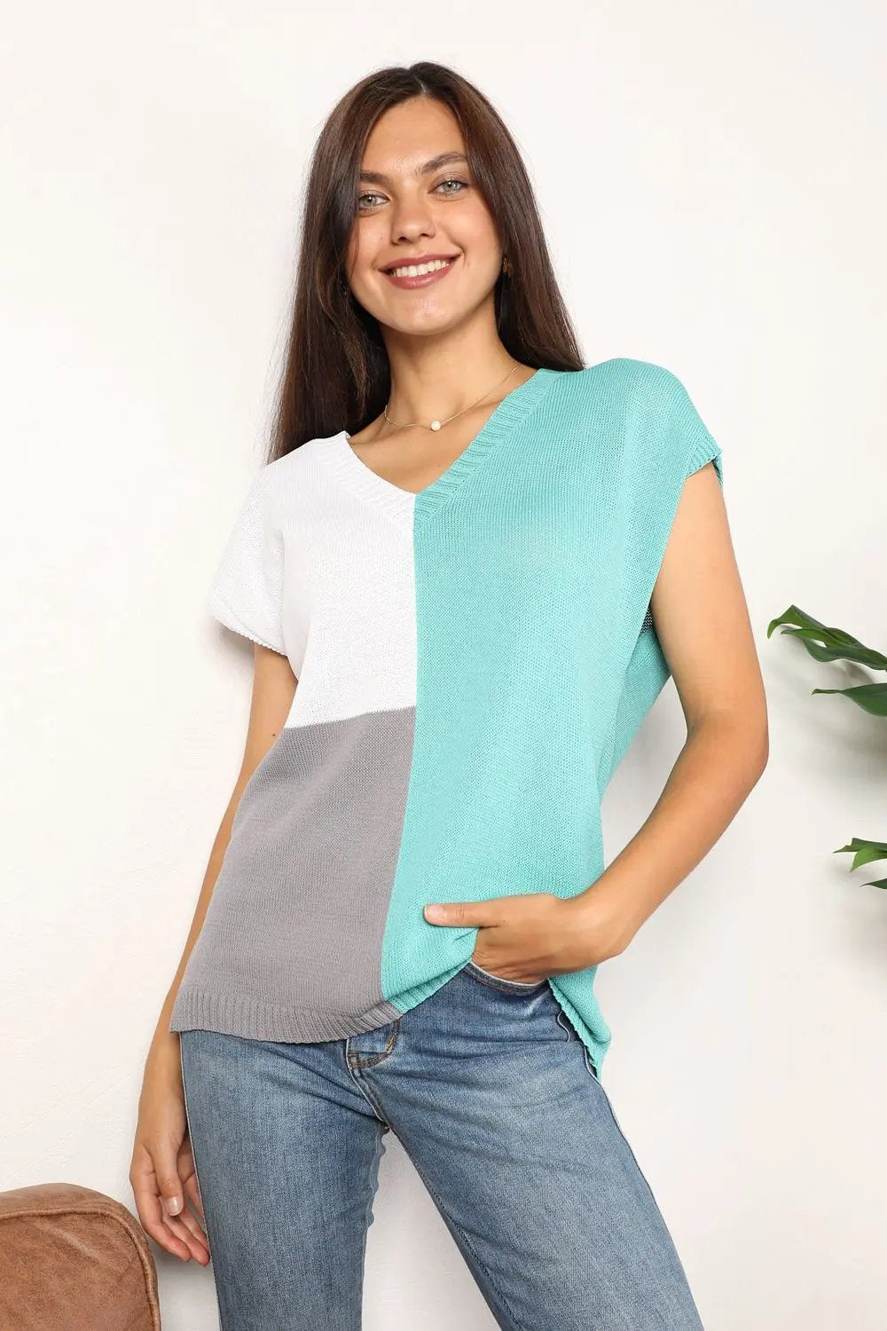 Double Take: Colorblock V-Neck Knit Top - Love Salve